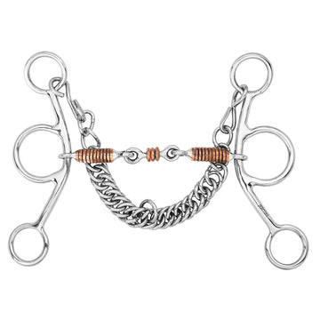 BAR H EQUINE Western Gag Bit with Copper Wire-Wrapped Mouth Roller & Curb Chain